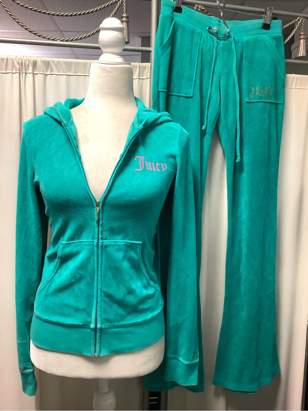 Juicy Couture Turquoise Velour Hoodie S Drawstring Pants 28 x 32 PXS Tracksuit